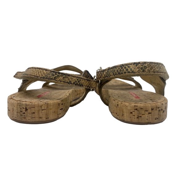 Prada Gold & Tan Reptile Leather Cork Sandals - Picture 5 of 9